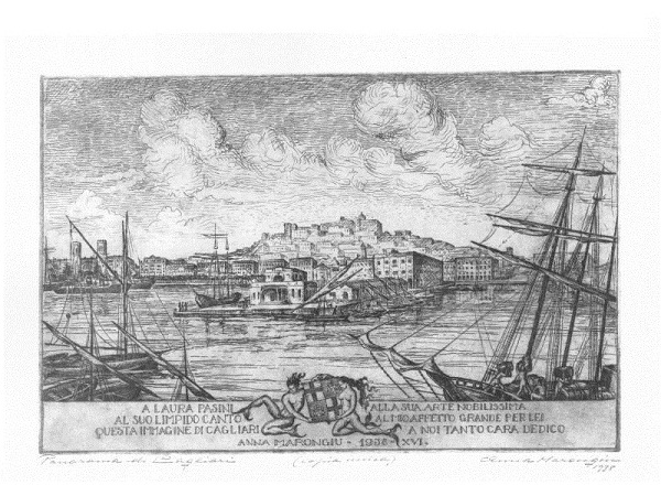 Panorama di Cagliari - (con dedica) - acquaforte - 1938